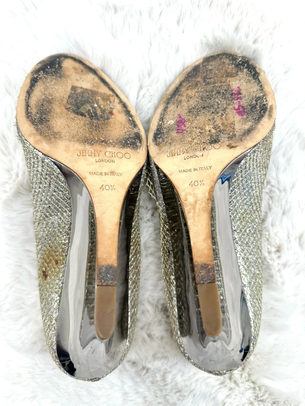 Jimmy Choo Isabel Champagne Glitter Peep Toe Pumps 40.5 US 10.5 Gold Heels